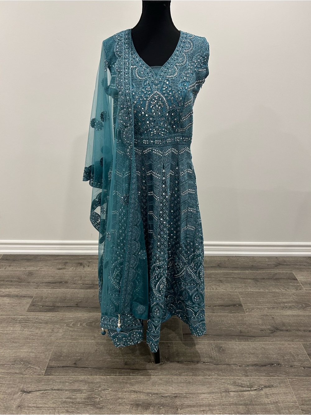 Embellished Teal V-Neck Anarkali Dress with Sheer Dupatta